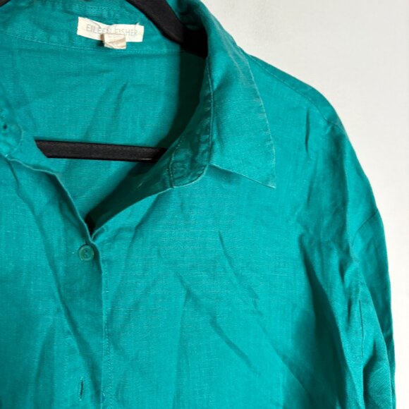 Eileen Fisher bright teal linen button down shirt - Picture 2 of 5